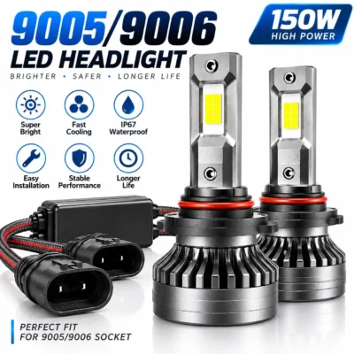 JUST MOD Crystal Eye 150W 9005/9006 LED Headlight – Ultra Bright 12000LM White Beam Pack of 2 ( 1 Year Warranty )