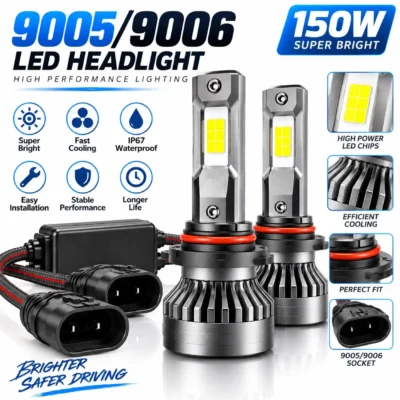 JUST MOD Crystal Eye 150W 9005/9006 LED Headlight – Ultra Bright 12000LM White Beam Pack of 2 ( 1 Year Warranty )