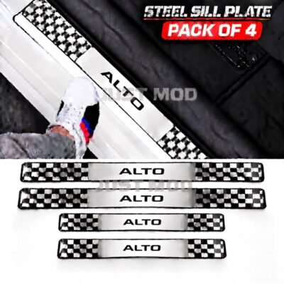 Alto Car Door Steel Welcome Sill Plate | Compatible with All Models | Glossy Chrome Finish Pack of 4