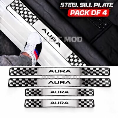 Aura Car Door Steel Welcome Sill Plate | Compatible with All Models | Glossy Chrome Finish Pack of 4