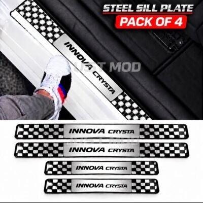 Innova Crysta Car Door Steel Welcome Sill Plate | Compatible with All Models | Glossy Chrome Finish Pack of 4