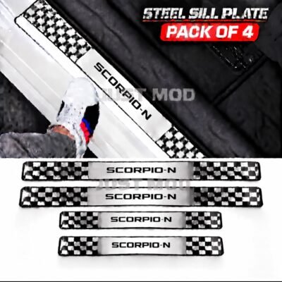Scorpio-N Car Door Steel Welcome Sill Plate | Compatible with All Models | Glossy Chrome Finish Pack of 4
