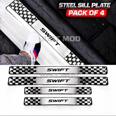 Swift Car Door Steel Welcome Sill Plate | Compatible with All Models | Glossy Chrome Finish Pack of 4