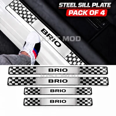 Brio Car Door Steel Welcome Sill Plate | Compatible with All Models | Glossy Chrome Finish Pack of 4