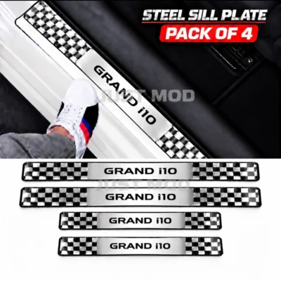 Grand i10 Car Door Steel Welcome Sill Plate | Compatible with All Models | Glossy Chrome Finish Pack of 4