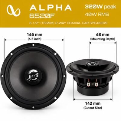 Infinity Alpha 6520F Coaxial Car Speakers 6.5 Inch 320W Peak Power, 40W RMS, 2-Way Wired Speakers – Black